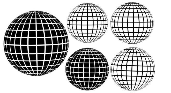 Collection of five monochrome globes and spheres with grid lines in black and white, showing geometric wireframe forms.