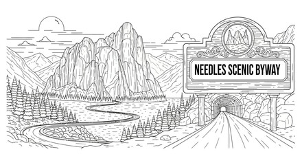 Fototapeta premium Needles Scenic Byway Tunnel Entrance and Mountain Landscape Line Art