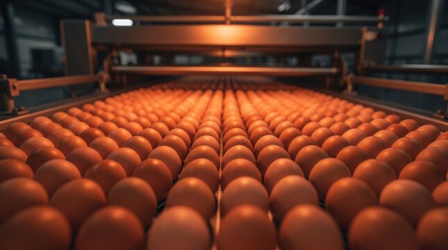 Rows of brown eggs are neatly arranged on a conveyor belt inside an automated egg processing facility.