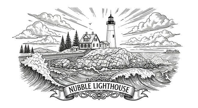 Nubble Lighthouse Engraving: Coastal Beacon, Rough Seas, Dramatic Sky