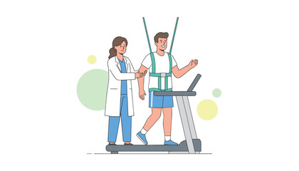 Fototapeta premium Female doctor helping a young male patient with physical rehabilitation using a support harness on a treadmill.