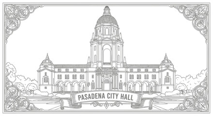 Obraz premium Pasadena City Hall Line Art Illustration - Historic Building Drawing