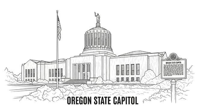 Oregon State Capitol Building Exterior Line Drawing - Salem Landmark