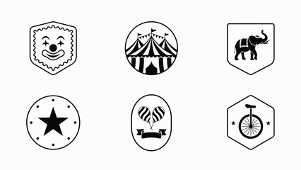 Six playful circus themed icons featuring a clown tent elephant star hot air balloons and unicycle in bold monochrome shapes for vibrant branding © Sharmistha