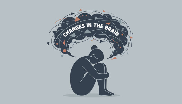 Depressed woman hugging her knees under a storm of chaotic thoughts explaining neurological brain changes.
