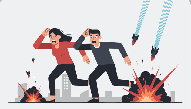 Frightened man and woman running in extreme panic to escape falling military bombs and heavy explosions.