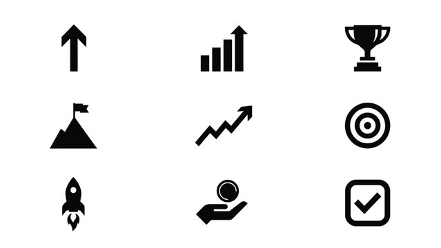 Modern black and white icon set showcasing growth success and achievement in a clean 3x3 grid layout