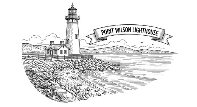 Point Wilson Lighthouse sketch, coastal landmark, maritime navigation beacon, scenic seaside view
