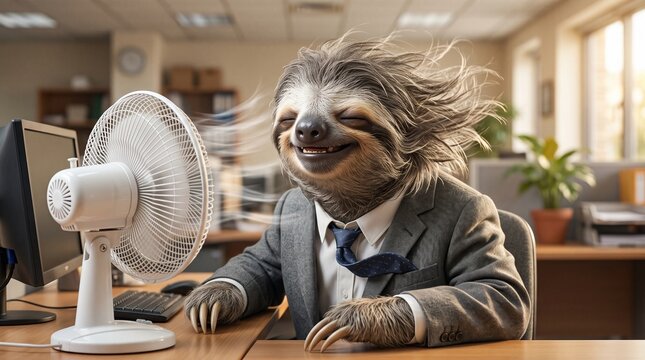 funny anthropomorphic sloth in a business suit sitting at a desk, happily cooling off in front of a white desk fan. The sloth has a blissful smile, closed eyes, and its long fur is blowing