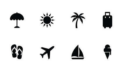 Vacation themed icons illustrate tropical travel essentials with flat design style for promotional materials © Sharmistha