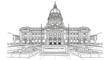Obraz premium Sacramento City Hall Architectural Sketch - Government Building Landmark