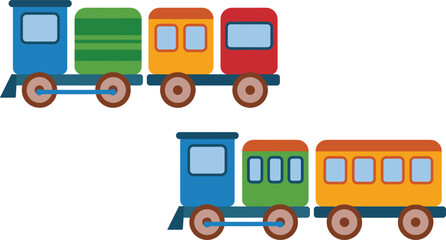 Colorful cartoon toy train vector set, kids locomotive with wagons, railway transport vehicle illustration collection © MstRumana