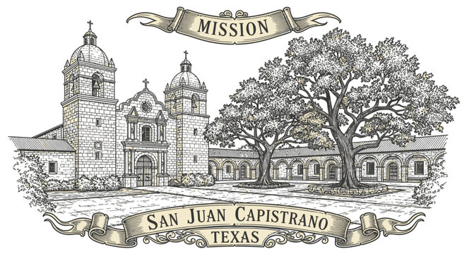 San Juan Capistrano Mission Texas Sketch Drawing Historical Landmark