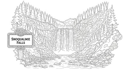 Fototapeta premium Snoqualmie Falls Black and White Line Art Illustration with Forest and River