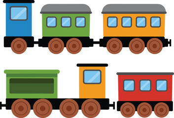 Colorful toy train vector set, cartoon locomotive with wagons, kids transportation vehicle, railway engine illustration © MstRumana