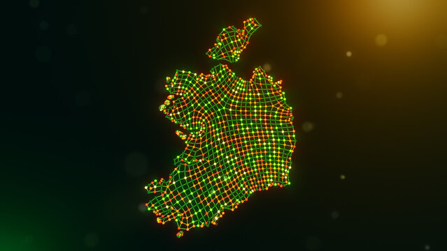 Abstract Ireland map formed by wavy interconnected nodes and lines over a glowing green yellow orange bokeh background, symbolizing digital infrastructure and intelligent connectivity.