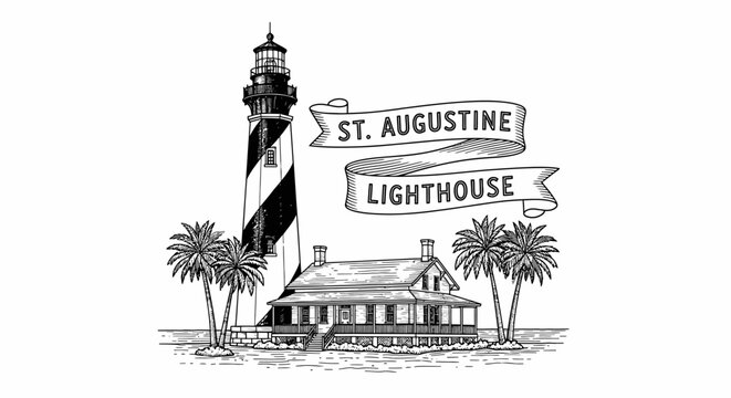 St. Augustine Lighthouse Hand Drawn Sketch with Palm Trees and Building