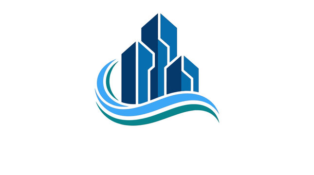 Modern cityscape logo with wavy lines.