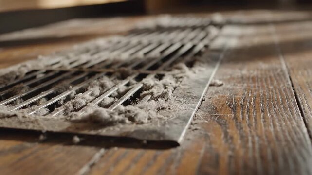 Dust accumulates on air vent in home setting with wooden floor. Indoor environment shows maintenance issue related to air quality. Concept of cleaning, home improvement, HVAC