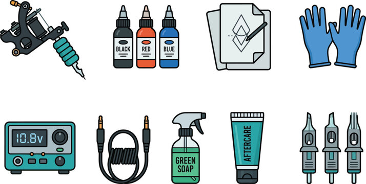 Tattoo equipment illustration set featuring machine ink power supply needle cartridge and aftercare essentials