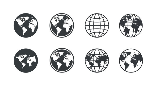 Collection of circular world map icons in black and white for design and graphic projects.