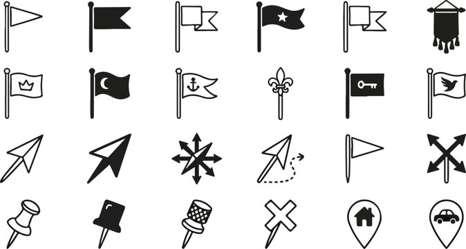 Doodle location pin. Sketch local icons. Hand drawn pencil address coordinate symbols, chalk digital map pinpoint, GPS tag, place marker, journey point. Vector set