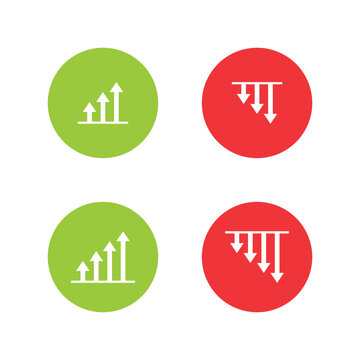Growth and decline arrow icon in green and red circle. Upward and downward trend symbol. Up and down arrows