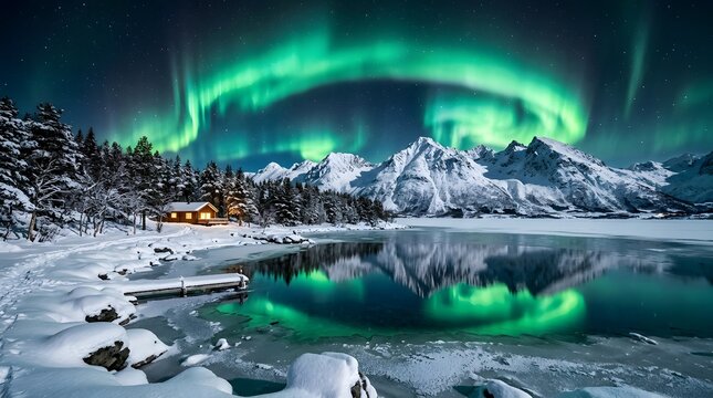 Northern Lights dancing above snowy mountains in Norway, vibrant green aurora reflected in a frozen lake, magical winter scenery