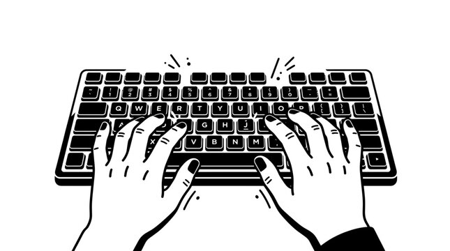 Hands typing on computer keyboard fast.