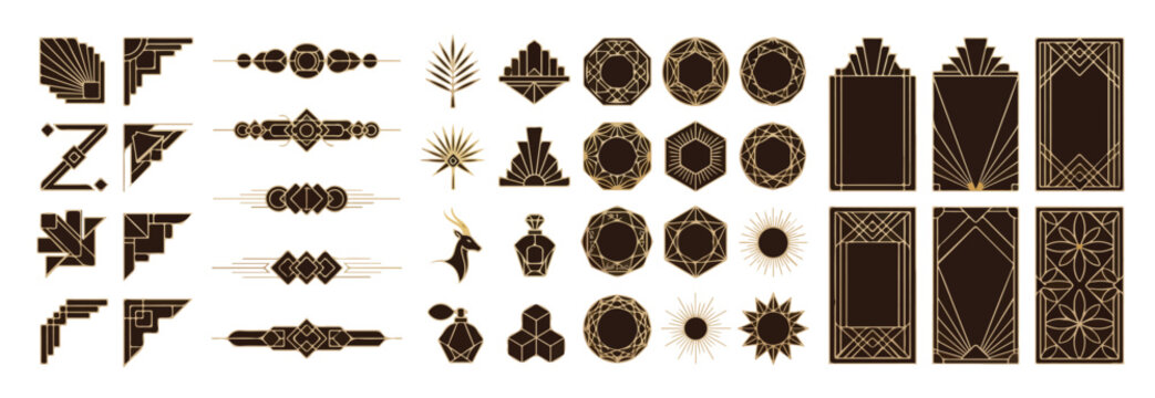 Art Deco frame. Geometric ornament border. Vintage 1920s luxury golden style dividers, corners, frames, headers. Retro elegance element for invitation, card, poster. Vector set 