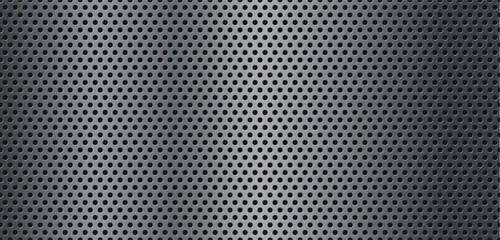 Fototapeta premium Metal pattern perforated texture with black and white hex background. Wall hole frame with mesh dot board and grey pegboard grate. Comb sheet metal with peg iron perforated and honey net black.