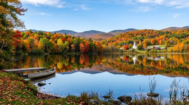 Autumn landscape in Vermont, colorful red, orange, and yellow forests reflected in a calm lake, seasonal beauty