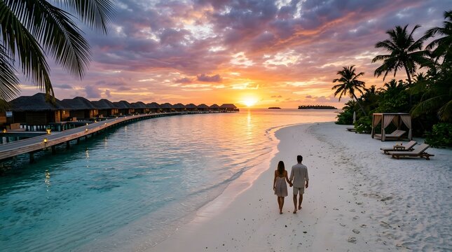 The Maldives at sunset, pristine beach, crystal-clear ocean, luxury island paradise, cinematic travel scene