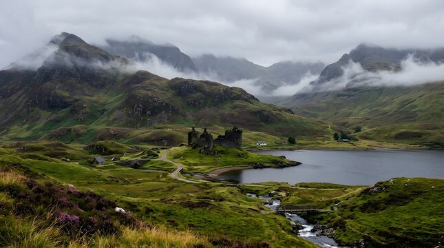 Scottish Highlands with misty mountains, green valleys, ancient castle ruins, atmospheric landscape scene