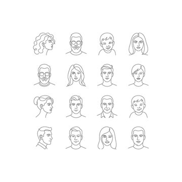 Diverse Human Faces Set: Outline Icons of Men, Women, and Children