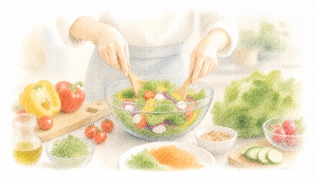 キッチンで新鮮な野菜をボウルに入れサラダを混ぜるヘルシーな食卓風景