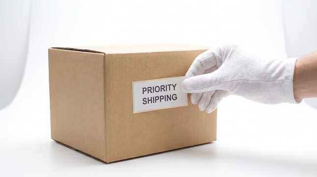 Hand in white glove touching a cardboard box with a priority shipping label on white