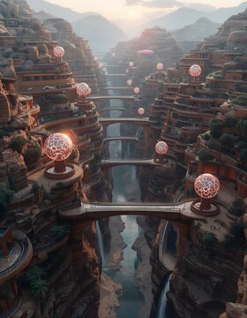 Futuristic Canyon Metropolis at Sunset &ndash; Hyperbolic Valley City in 8K Photorealism