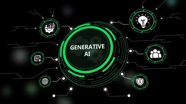 Generative AI futuristic HUD digital interface with glowing green icons representing business innovation security and global tech connectivity