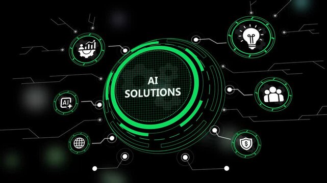 Futuristic digital interface displaying AI Solutions text with glowing green HUD elements and icons for global networking, cybersecurity, data analytics, and innovation on a dark background.