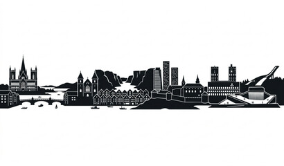 Obraz premium Norway City Skyline Silhouette Vector with Oslo Stavanger Trondheim Famous Landmarks Isolated on White