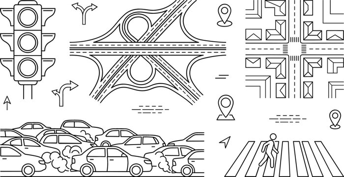Vector line art icon set illustrating urban transportation concepts including heavy traffic jam highway interchange and city map