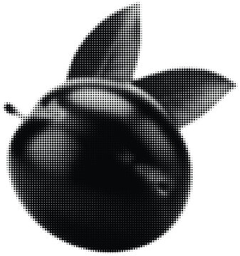 Halftone apple fruit icon with black dot matrix pattern, modern pop art style silhouette. Abstract geometric fruit vector illustration for branding, food packaging, menu design and