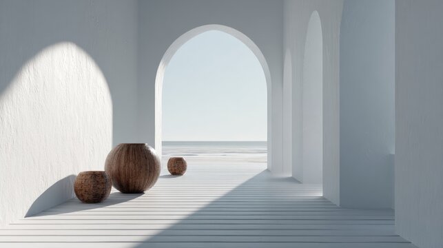 White arched hallway with wooden vases overlooking calm sea