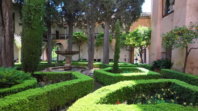 Panoramic view of the Generalife Gardens in the Alhambra complex in Granada, Andalusia, Spain.