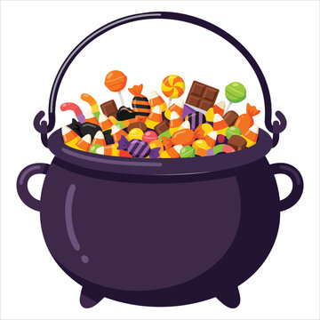 Overflowing cauldron filled with assorted Halloween candies during a festive celebration