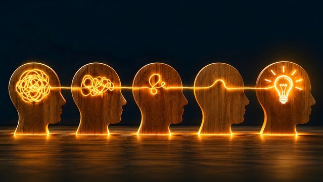 Wooden head profiles with a glowing wire untangling into a bright lightbulb. Concept of creative problem solving and business brainstorming strategy.