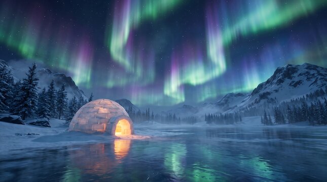 Igloo under aurora borealis in snowy mountain night