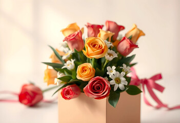 Obraz premium Bouquet of yellow and pink roses with white daisies in gift box