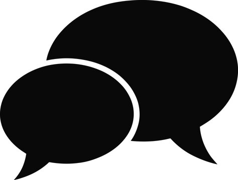Solid black silhouette of two overlapping speech bubbles, representing communication, dialogue, and messaging on a white background
